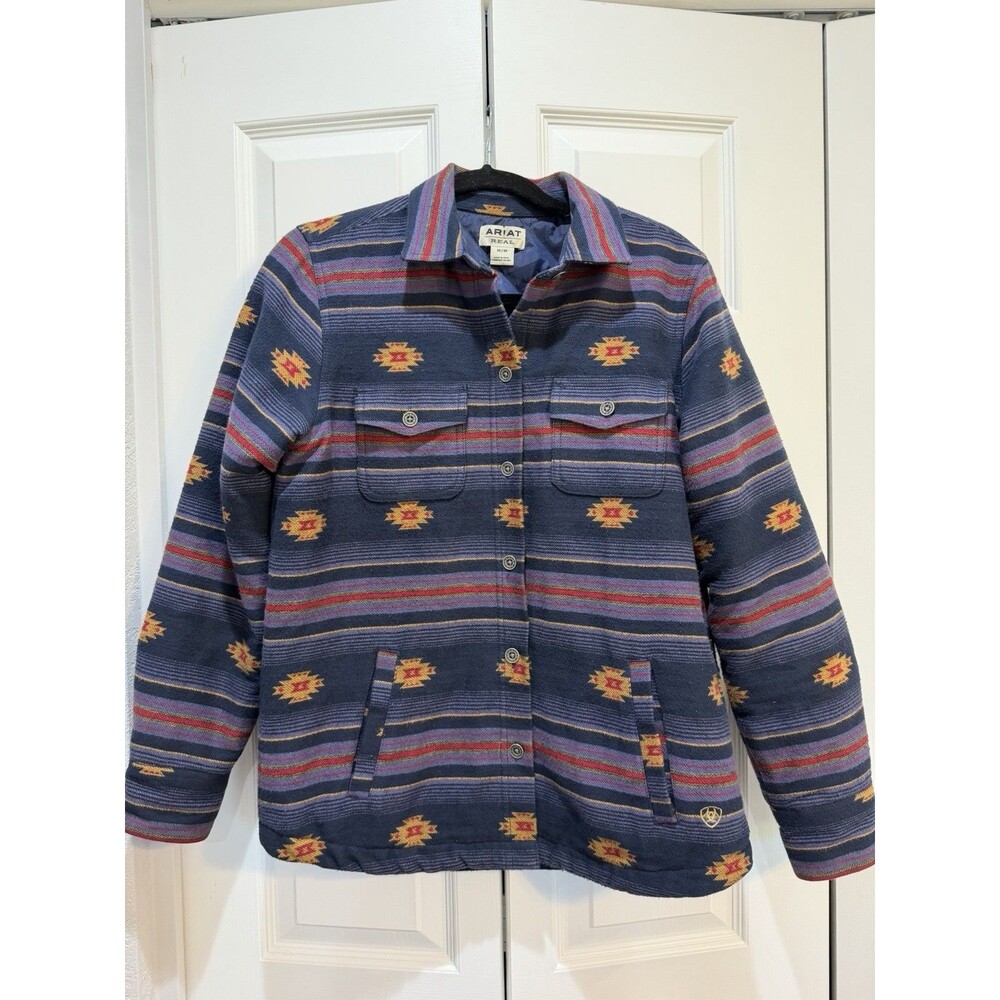 Ariat Real Shacket Womens Medium Blue Aztec Quilted Lined Western Shirt Jacket